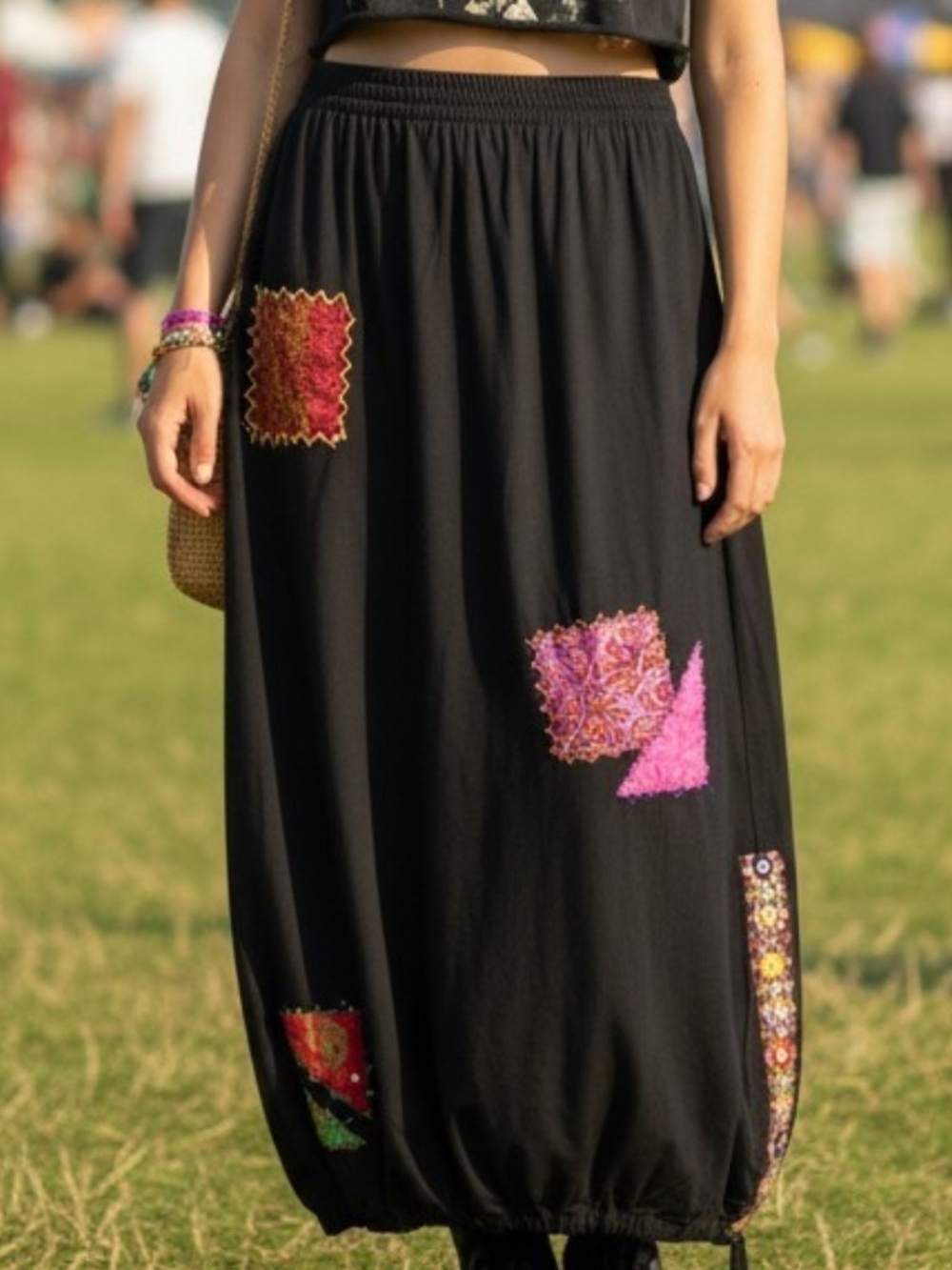 Sacred Threads Patchwork Black Maxi Skirt Drawstring Hem Festival Bohemian Gypsy